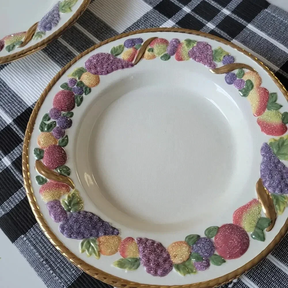 Vintage Avon Frosted Fruit Plate Set Dish Ivory Embossed Gold Trim Food Candle